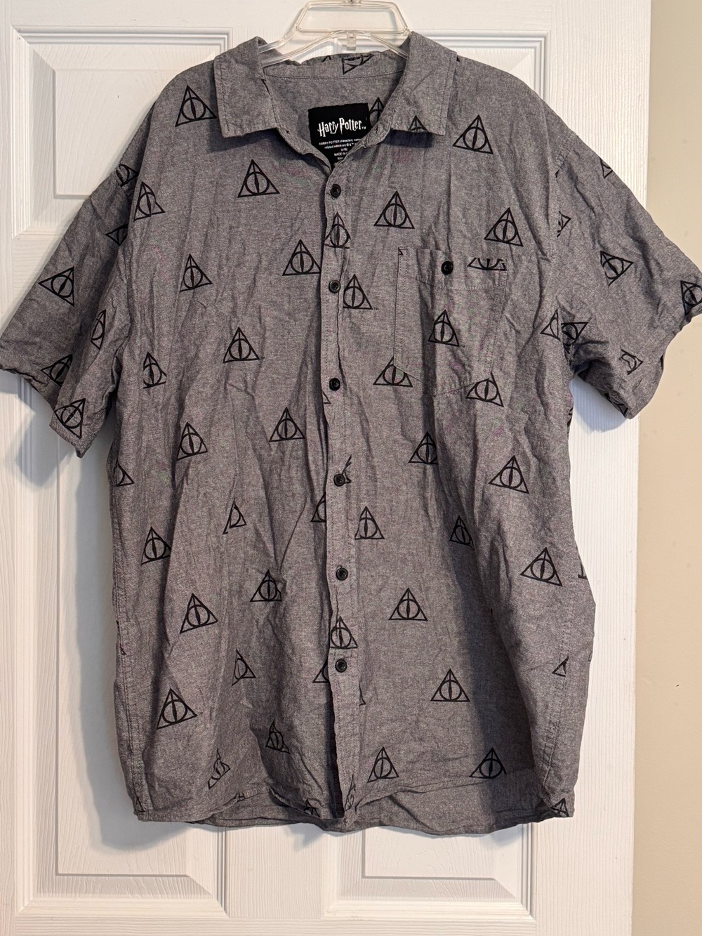 Harry Potter Gray Button Down Black Deathly Hallows Print Short Sleeve Shirt XL